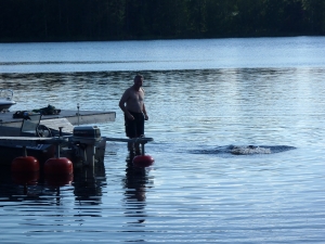 Erwachsene beim Baden Hafen Levlhti Finnland 2014